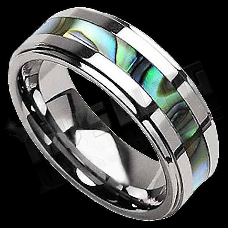 Abalone Shell Silver Tungsten Carbide Ring 8MM