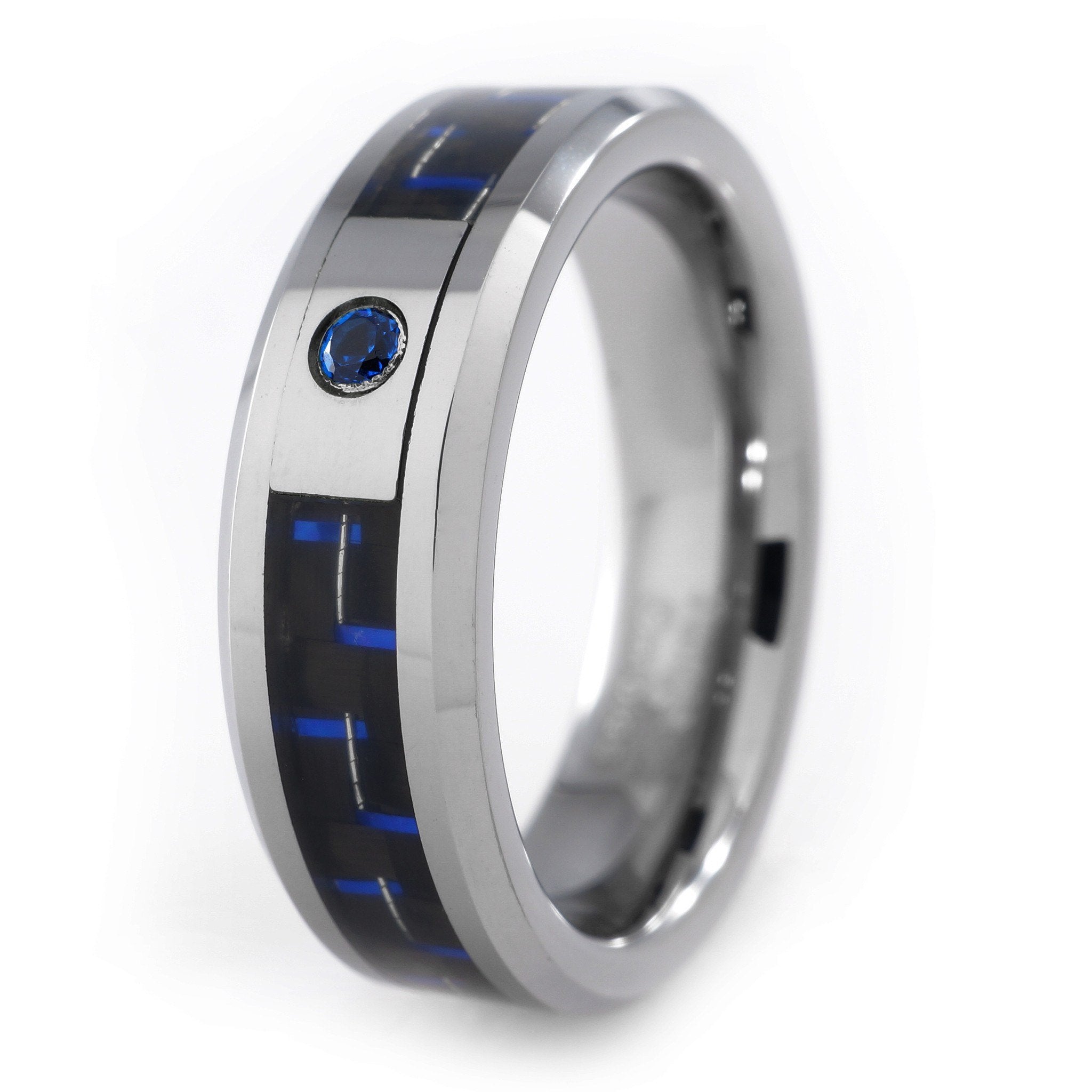 Black and Blue Carbon Fiber Inlay Tungsten Carbide Ring