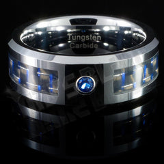 Black and Blue Carbon Fiber Inlay Tungsten Carbide Ring