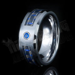 Black and Blue Carbon Fiber Inlay Tungsten Carbide Ring