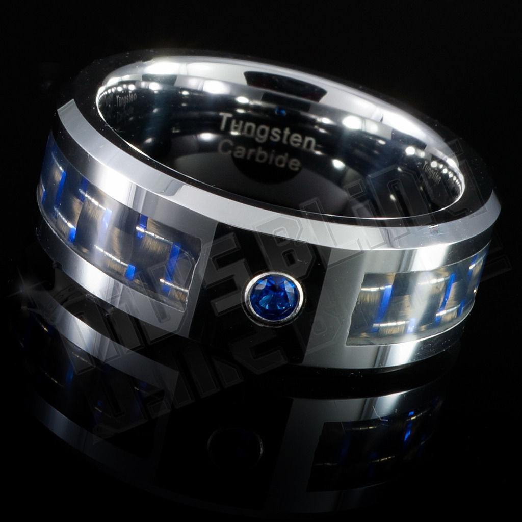 Black and Blue Carbon Fiber Inlay Tungsten Carbide Ring