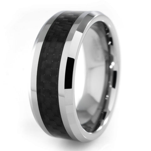Black Carbon Fiber Silver Tungsten Carbide Ring 8MM