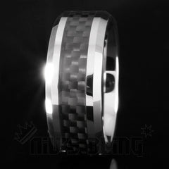 Black Carbon Fiber Silver Tungsten Carbide Ring 8MM