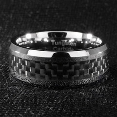 Black Carbon Fiber Silver Tungsten Carbide Ring 8MM