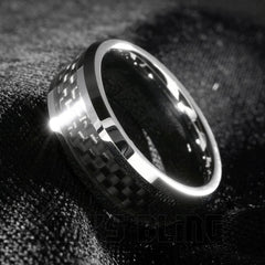 Black Carbon Fiber Silver Tungsten Carbide Ring 8MM