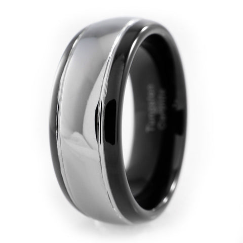 Black Silver Dome Tungsten Carbide Ring 8MM