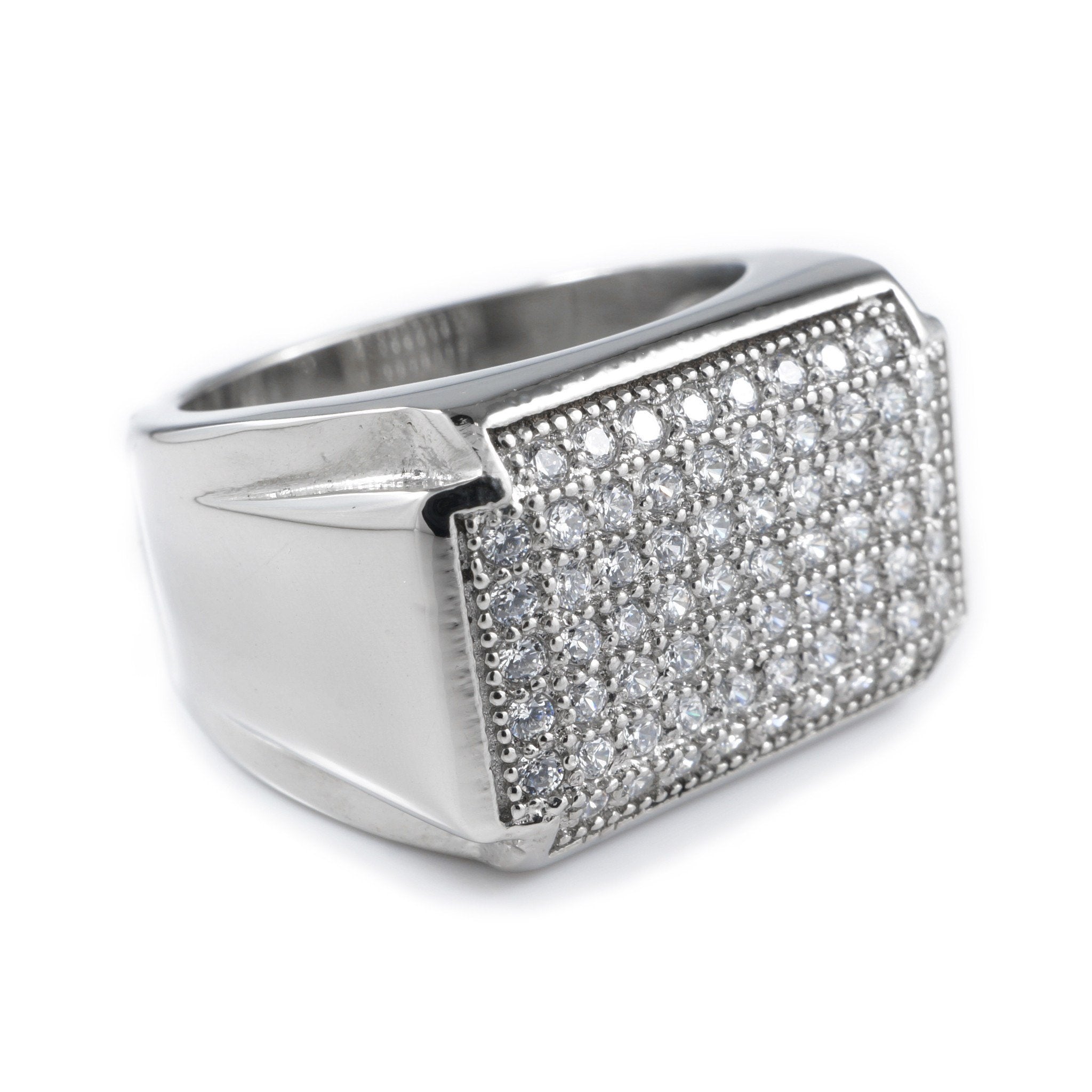 18k White Gold Iced Stainless Steel Rectangle Ring