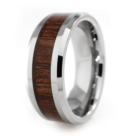 Wood Inlay Silver Tungsten Carbide Ring 8MM