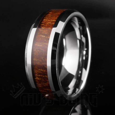 Wood Inlay Silver Tungsten Carbide Ring 8MM