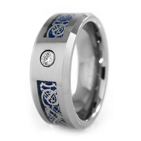 Silver Celtic Dragon Blue Carbon Fiber Tungsten Carbide Ring 8MM