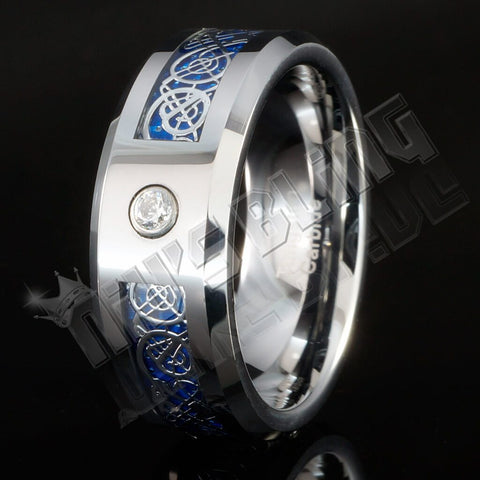 Silver Celtic Dragon Blue Carbon Fiber Tungsten Carbide Ring 8MM