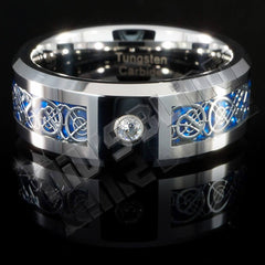 Silver Celtic Dragon Blue Carbon Fiber Tungsten Carbide Ring 8MM