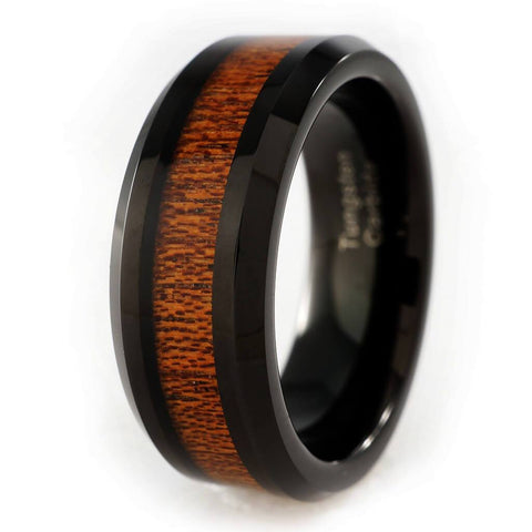 Wood Inlay Black Tungsten Carbide Ring 8MM