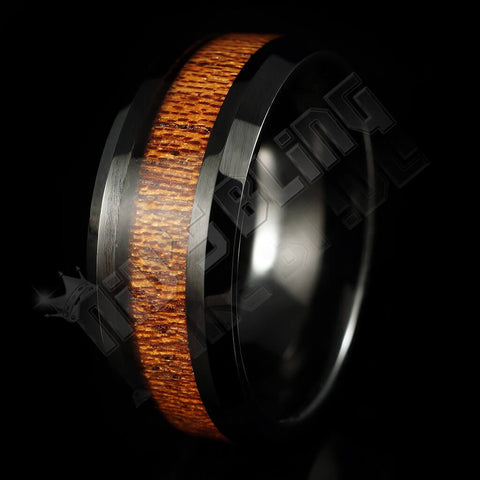 Wood Inlay Black Tungsten Carbide Ring 8MM