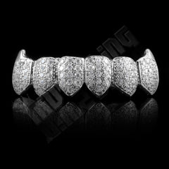 18K White Gold Plated Fang CZ Cluster Top Bottom Grillz