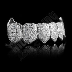 18K White Gold Plated Fang CZ Cluster Top Bottom Grillz