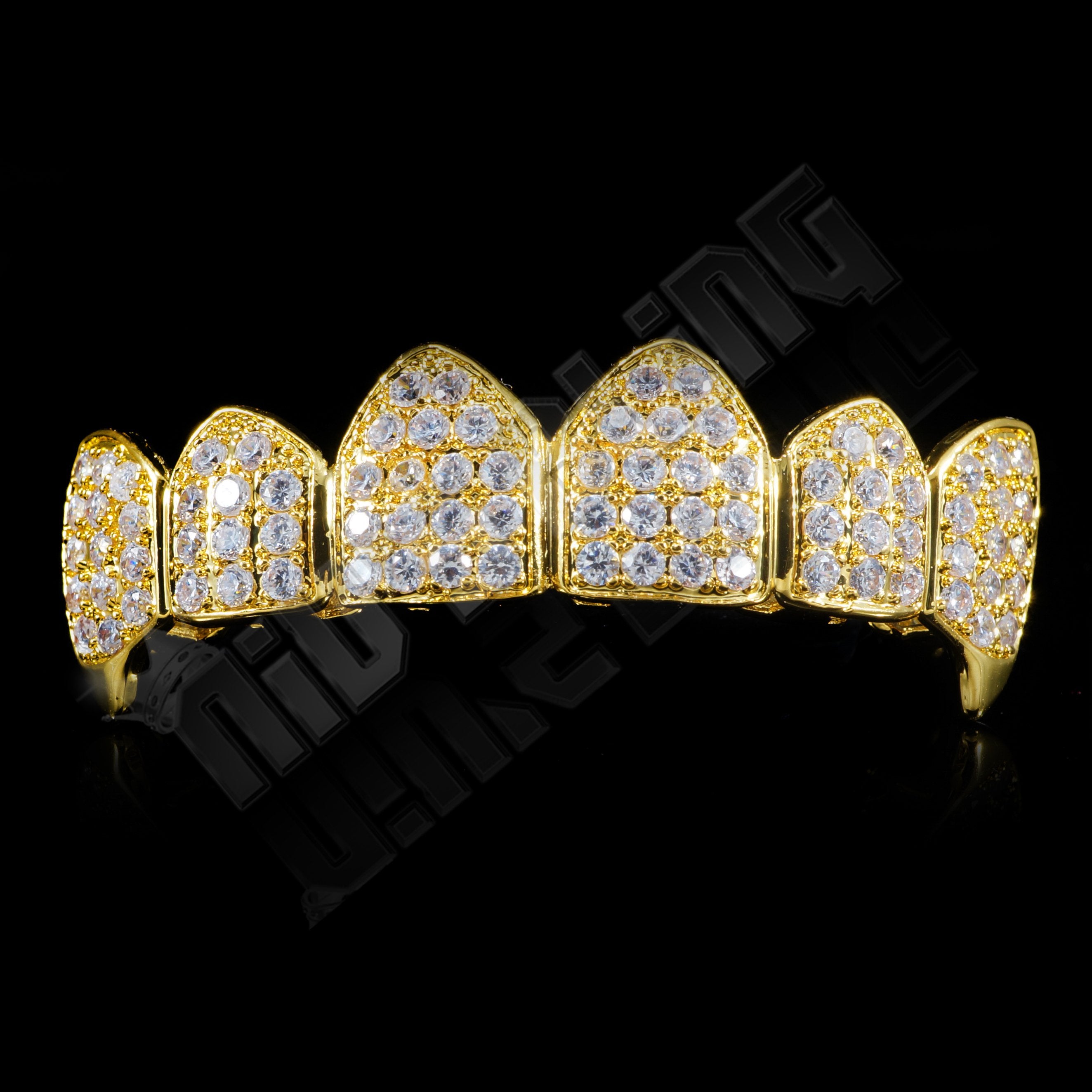 18K Gold Plated Fang CZ Cluster Top Bottom Grillz