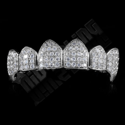 18K White Gold Plated Fang CZ Cluster Top Bottom Grillz