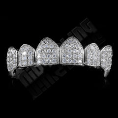 18K White Gold Plated Fang CZ Cluster Top Bottom Grillz