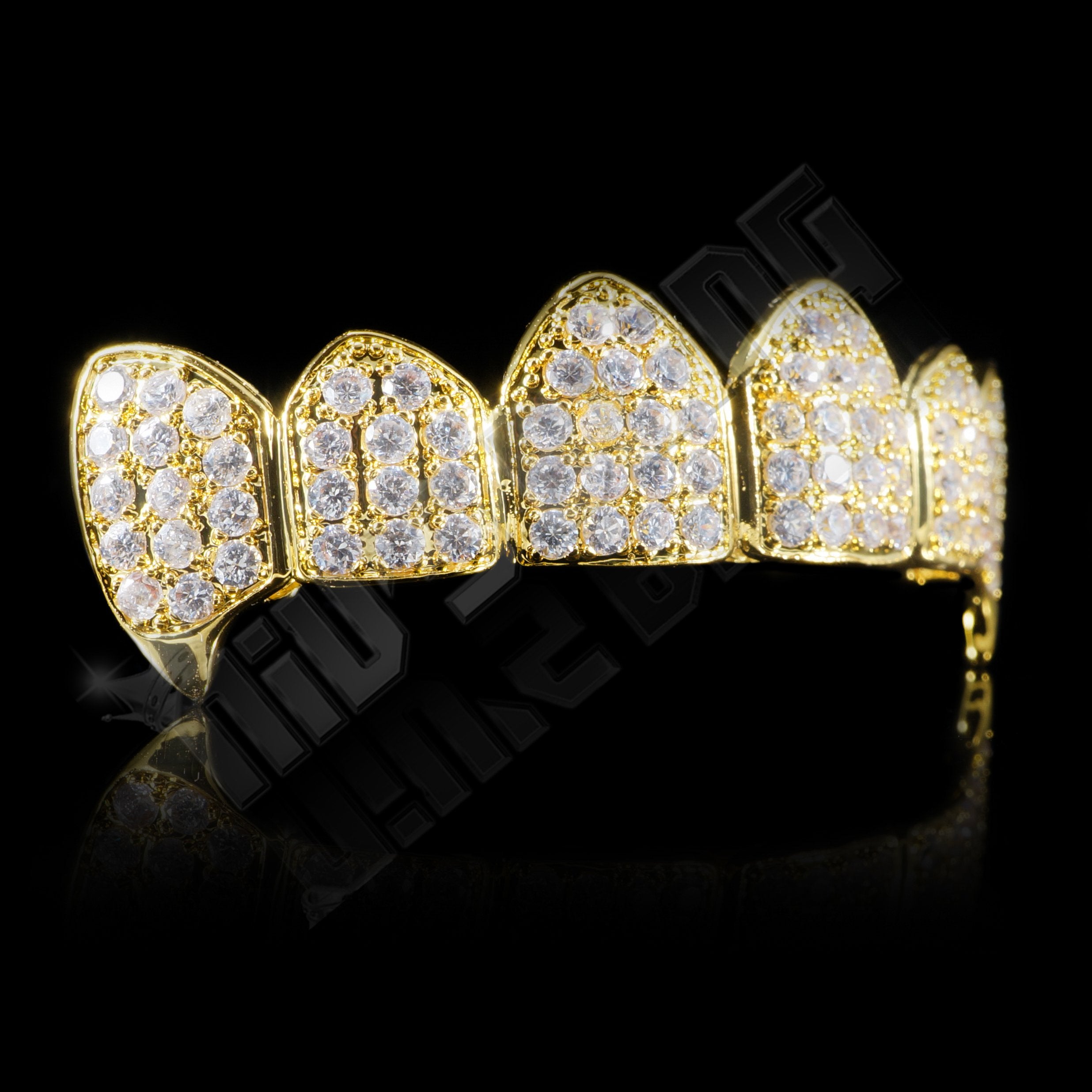 18K Gold Plated Fang CZ Cluster Top Bottom Grillz
