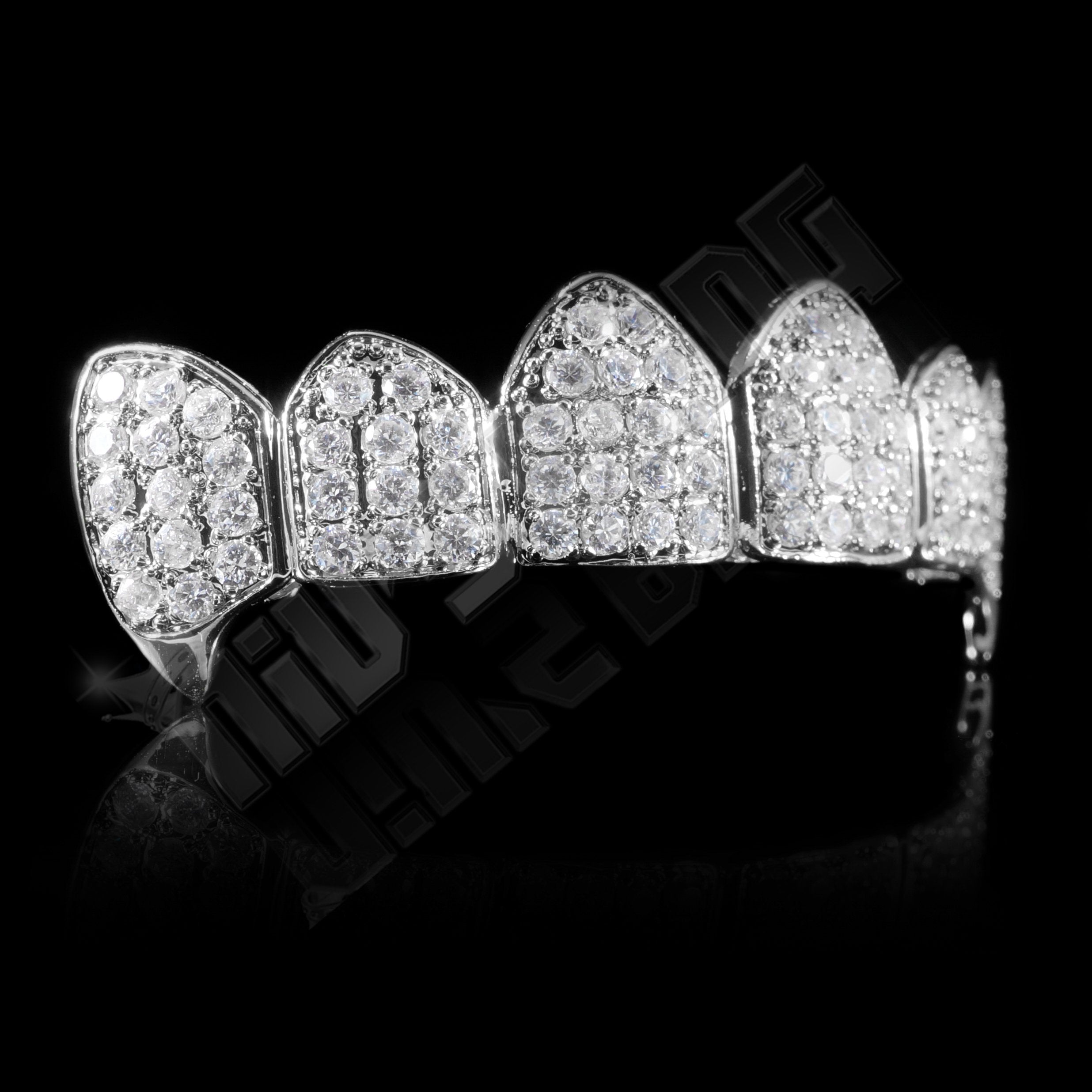 18K White Gold Plated Fang CZ Cluster Top Bottom Grillz