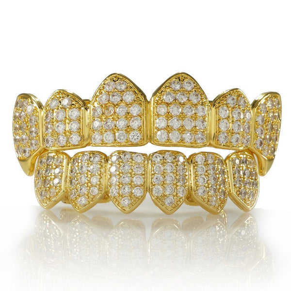 18K Gold Plated Fang CZ Cluster Top Bottom Grillz