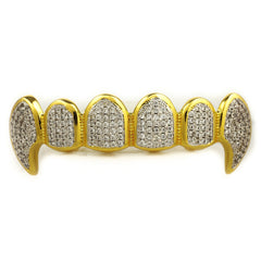 18k Gold Vampire Dracula Rhodium Prongs Fangs Grillz Set