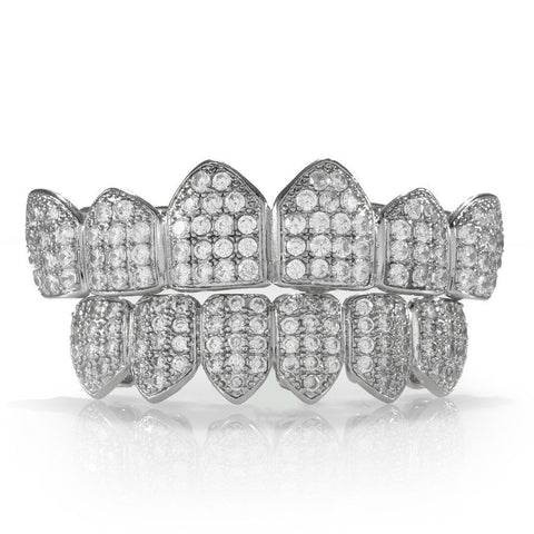 18K White Gold Plated CZ Cluster Top Bottom Grillz