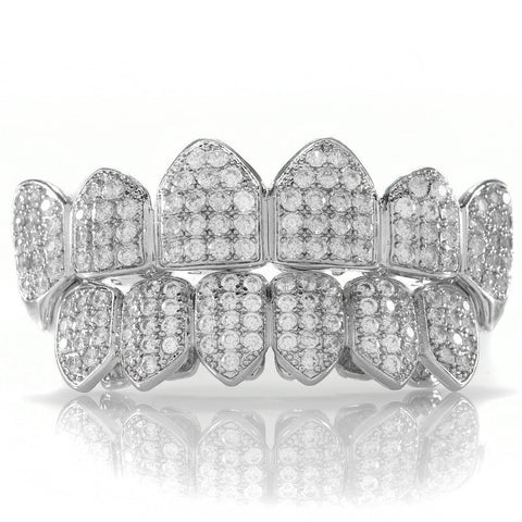 18K White Gold Plated Fang CZ Cluster Top Bottom Grillz