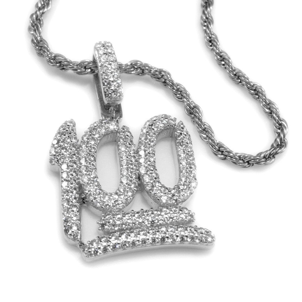 18k White Gold Iced 100 Emoji Pendant with Rope Chain