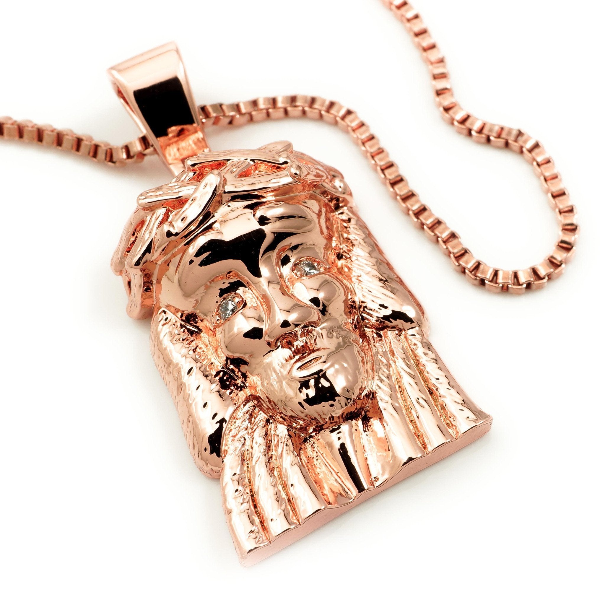 18K Rose Gold Jesus Piece With Box Chain – Niv's Bling
