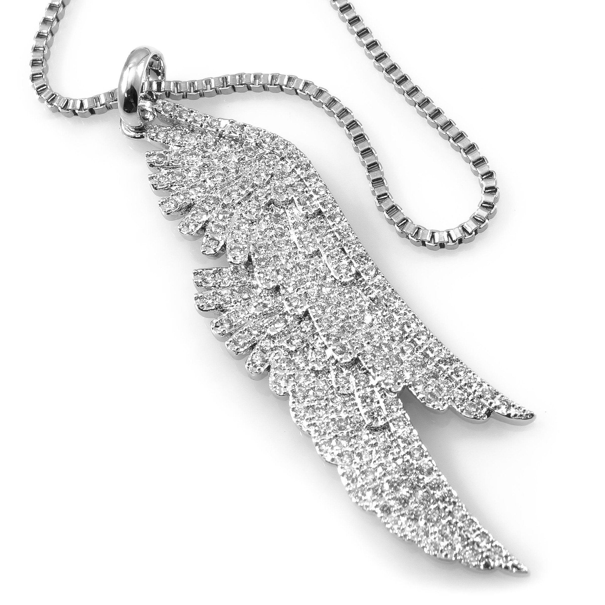 18K White Gold Parallel Angel Wing Pendant With Box Chain